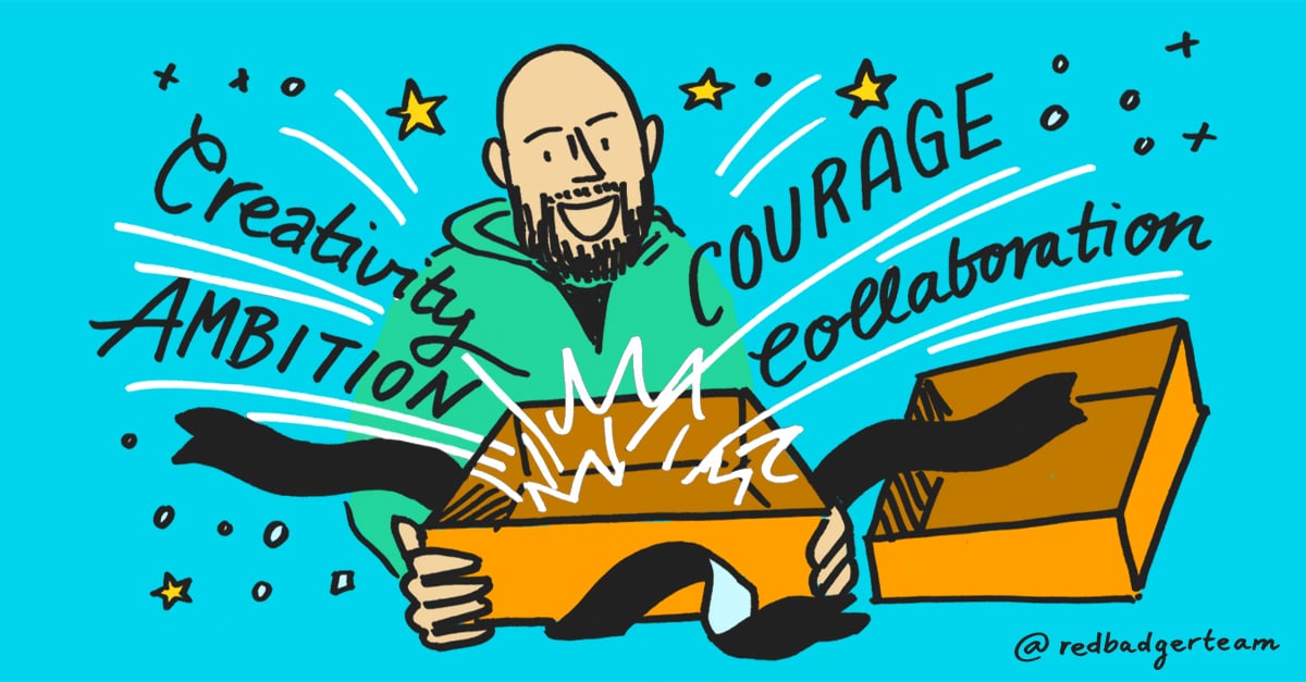 Illustration of Cain gleefully holding a box that has the words 'Creativity, Courage, Ambition and Collaboration' exploding out of it.'