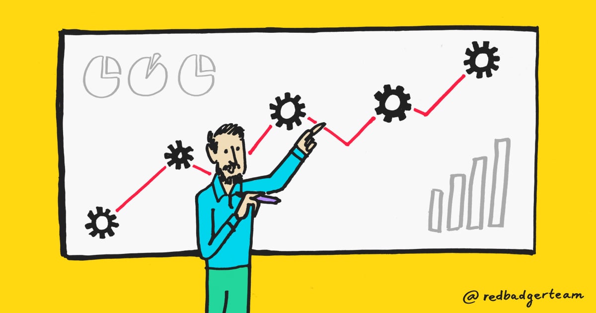 Man pointing at a chart with cogs, bar charts and pie charts