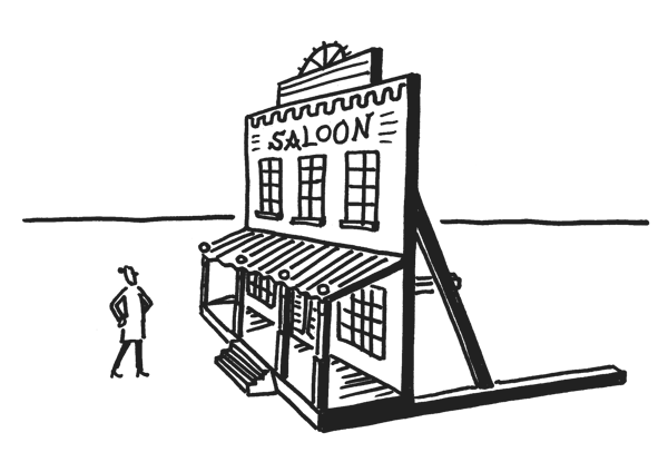 Stick figure staring at a "Saloon" prop