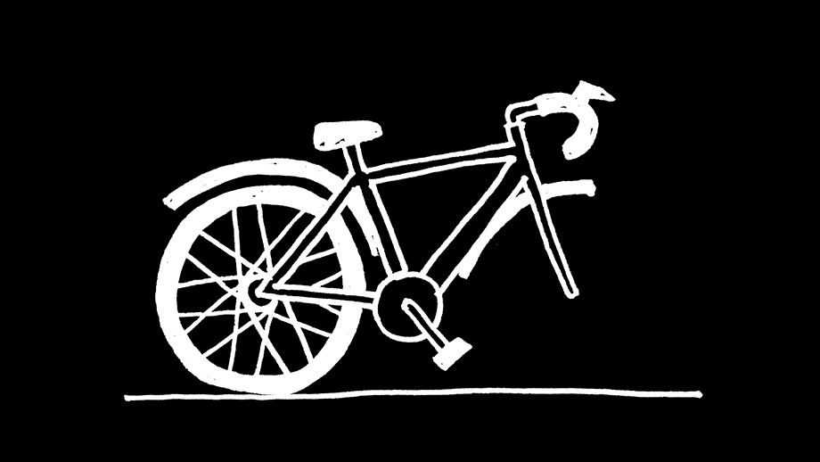 A white drawn bicycle with a missing front wheel