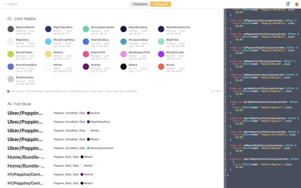 The designers use Zeplin to share standards for colours and typography