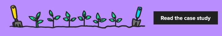 A bright illustrated banner with shovels and small plants as well as the link to read the case study